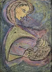 Anne Yeats, Woman Knitting, Oil and gouache on board