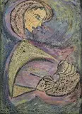 Anne Yeats, Woman Knitting, Oil and gouache on board