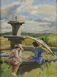 Mainie Jellett, BETTY AND BABIN by A FOUNTAIN, Oil on canvas