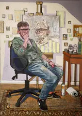 Tom McLean, Self Portrait In The Artists Studio, Oil on wood
