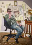 Tom McLean, Self Portrait In The Artists Studio, Oil on wood