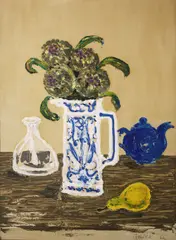 Pauline Bewick, Still Life With Flowering Artichokes, Acrylic on paper laid on board