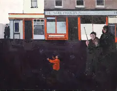 Musician And Children by Hector McDonnell, 1980, Oil on canvas board, sold Mar 2022