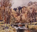 Autumn River Landscape by Tom Nisbet, Watercolour, sold Mar 2022