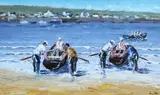Ivan Sutton, Launching Currachs, Killeany Beach, Aranmore, Co. Galway, Oil on board