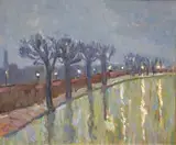 Peter Collis, Lights On The Canal, Oil on board