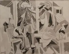 Nevill Johnson, Figures In A Room, Pen and wash