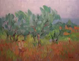 Desmond Carrick, Farm Workers Returning Home, Nerja (Malaga), Oil on board