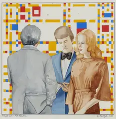 Robert Ballagh, 3 People And A Piet Mondrian, Watercolour