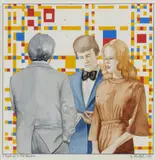 Robert Ballagh, 3 People And A Piet Mondrian, Watercolour
