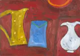 Jane O'Malley, 3 Jugs With Red, Oil on canvas
