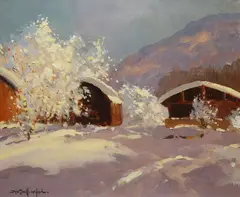 Winter Snow Scene by George K. Gillespie, Oil on board, sold Sep 2021