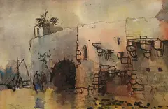 Kenneth Webb, Figures Outside A Ruin, Watercolour and wash