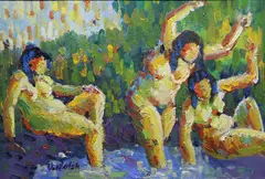 Owen Walsh, Girls At The Pool, Oil on board