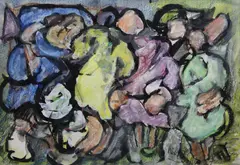 Nick Miller, Crowded Figures, Crayon and oil on paper