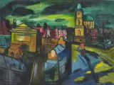 Norah McGuinness, Figurative Dublin City Landscape, (WITH THE FOUR COURTS IN THE BACKGROUND) Oil on canvas