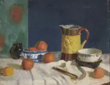 James Sinton Sleator, Still Life With Ceramic Pots On A White Cloth, Oil on canvas