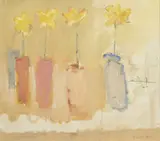 Basil Blackshaw, Row Of Pots - Yellow Flowers, Oil on canvas