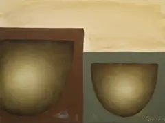 Derek Rowan, Bowls On Squares, 2004, Oil on canvas board