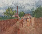 Desmond Carrick, Pedestrians Above The Railway Cutting, Oil on board (unframed)