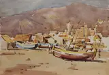 Desmond Carrick, Boats In A Low Tide Harbour, Watercolour (unframed)
