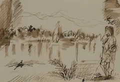David Risk Kennard, Lakeside Scene With Figure, Pen and ink