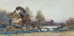 Walker Stuart Lloyd, Goose Girl Herding The Flock, 1909, Watercolour heightened with white