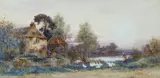Walker Stuart Lloyd, Goose Girl Herding The Flock, 1909, Watercolour heightened with white