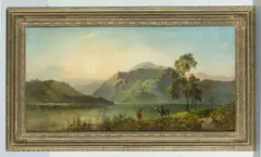 Alfred de Breanski Senior, Sunset Over A Scottish Loch, Deer On The Shore, Oil on canvas Partial old label verso