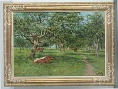 Albert Caullet, Cattle And Horses Resting Under Trees, Oil on canvas