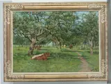 Albert Caullet, Cattle And Horses Resting Under Trees, Oil on canvas