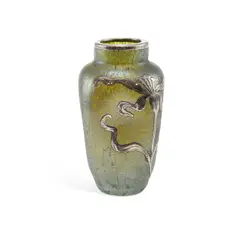 Loetz, A Loetz Silver Overlaid Glass Vase Circa 1900, glass vase of dimpled squared form, overlaid in silver with a flowering plant