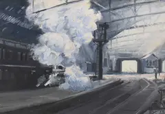 Ronald Lambert Moore Bws, Steam Train At The Station, Oil on canvas board