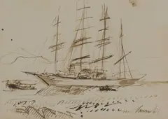 David Risk Kennard, A Four Masted Tall Ship, Pen and ink