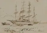 David Risk Kennard, A Four Masted Tall Ship, Pen and ink