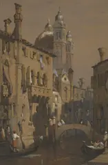 Samuel Prout, Venice Canal Scene With Gondolas, Watercolour heightened with white