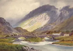Edward Horace Thompson, 'Fitful Sunshine', Gate Crag, Grange Bridge And Village From The River Derwent, Watercolour