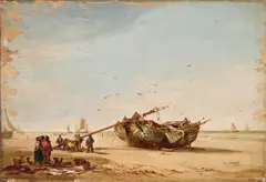 George Chambers Snr, Unloading The Boat At Low Tide, 1830, Oil on canvas, laid to board Unframed