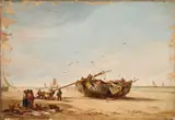 George Chambers Snr, Unloading The Boat At Low Tide, 1830, Oil on canvas, laid to board Unframed