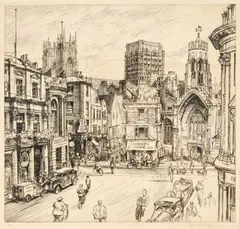 Edgar Holloway, York Minster From Stonegate Square, pencil Etching