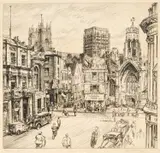 Edgar Holloway, York Minster From Stonegate Square, pencil Etching