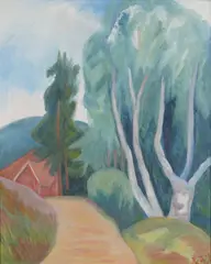 Rudolph Thygesen, Sti, hus og trær, 1939, Olje på lerret