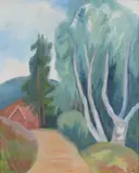 Rudolph Thygesen, Sti, hus og trær, 1939, Olje på lerret