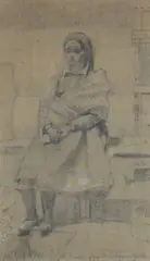 Henrik Sørensen, Sittende kvinne med folkedrakt, 1909, Blyant på papir, oppklebet på papp