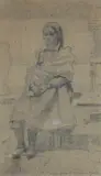Henrik Sørensen, Sittende kvinne med folkedrakt, 1909, Blyant på papir, oppklebet på papp
