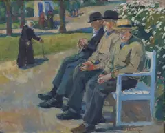 Jacob Sømme, Tre menn på en benk, 1932, Olje på lerret