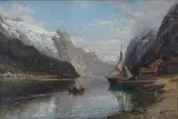 Anders Askevold, Fjordlandskap med folkeliv, 1896, Olje på lerret