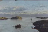 Lauritz Haaland, Kystlandskap med seilbåt og robåt, 1889, Olje på plate