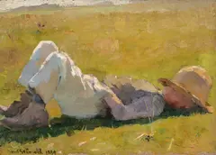 Bernt Grønvold, En hvil i gresset, 1889, Olje på mahogniplate