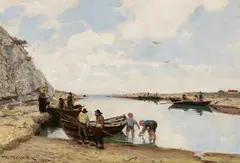 Nikolai Ulfsten, Folkeliv ved strand, 1885, Olje på lerret